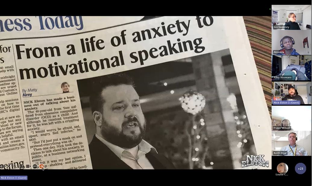 Image shows a business newspaper featuring a black and white photo of Nick Elston wearing dark blazer and light shirt. The headline of the article says: 'From a life of anxiety to motivational speaking' 
