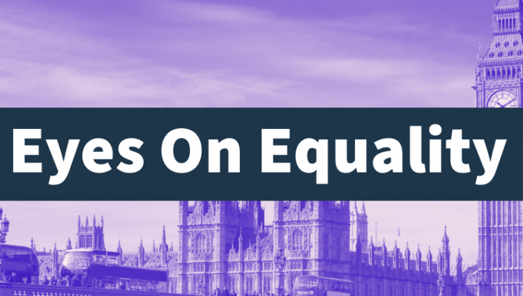 The Palace of Westminster shaded purple with the TPT logo to the top left and text in the centre reading Eyes On Equality.