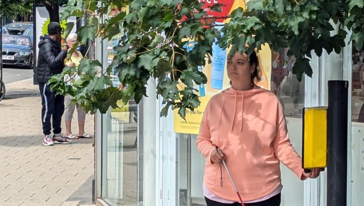 Nikki stood at pedestrian crossing waiting to cross road part obscured by an overhanging tree she is about to walk into.