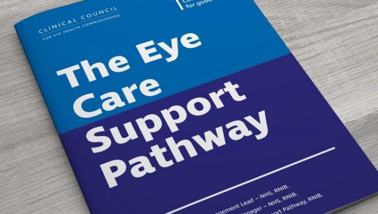 A top angle photo of a blue booklet with the test 'The Eye Care Support Pathway' on a grey background. Photo provided by RNIB.