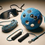 AI generated image of a blue goalball ball, a running tether and a pair of eyeshades.