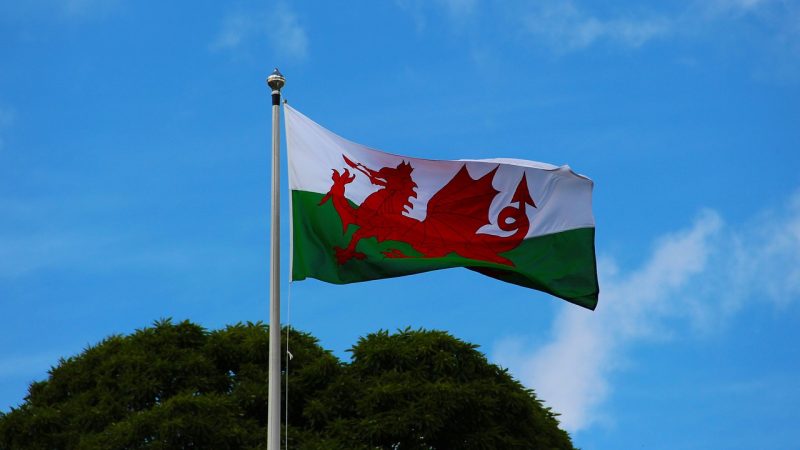 A hoisted flag of Wales with the backdrop of a mountain and a sunny blue sky.