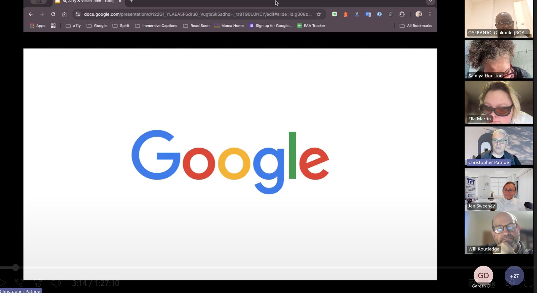 Screenshot of online event with Chris Patnoe from Google. A full screen image of the google logo with a column to the right displaying attendees.